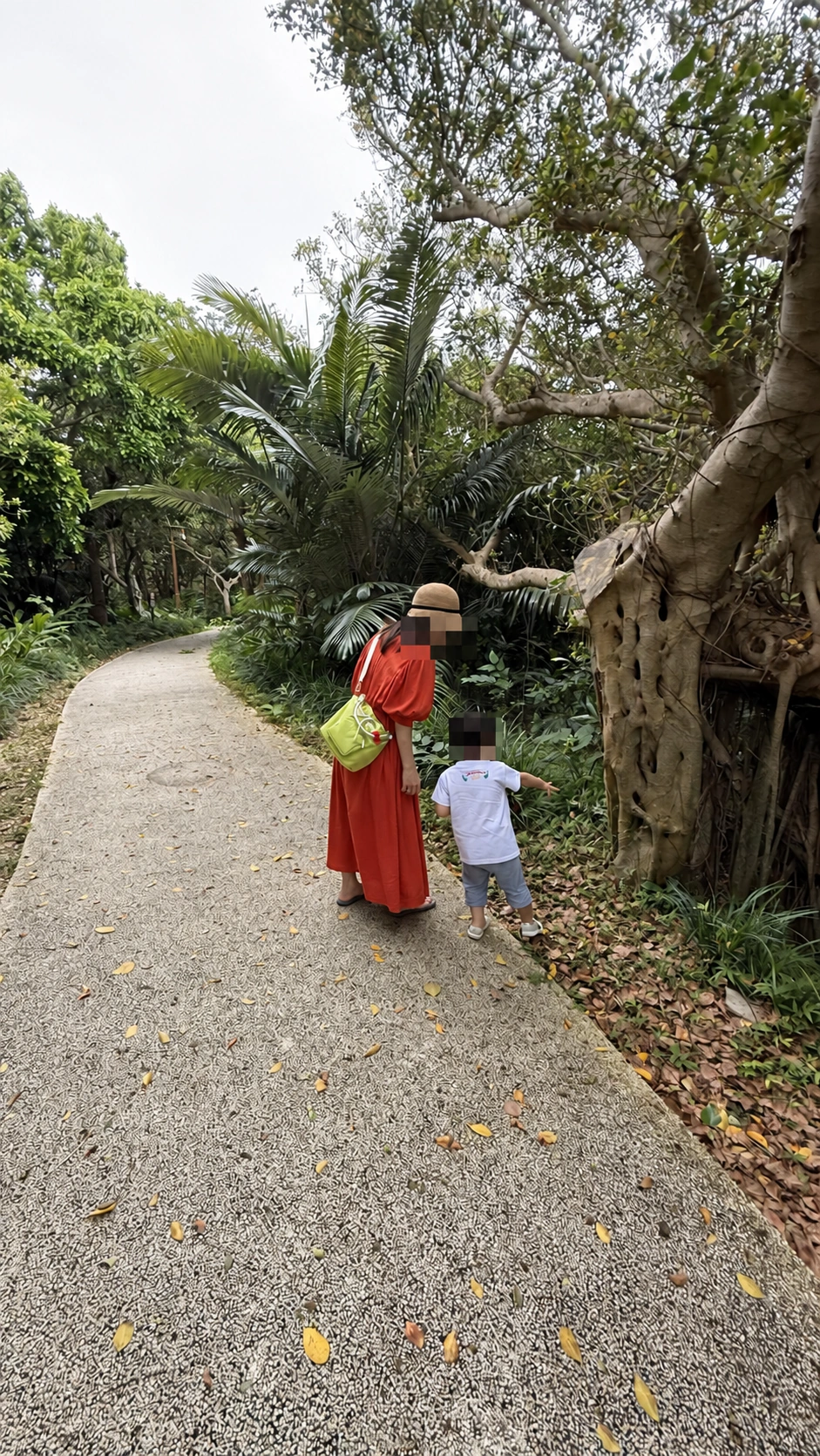 旅行先を歩く妻と子ども。顔は加工済み