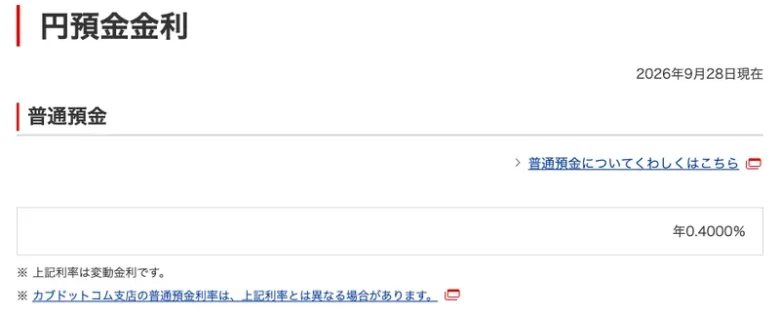 三菱UFJ銀行の円預金金利：普通預金は年0.4000%（2026年9月28日現在）