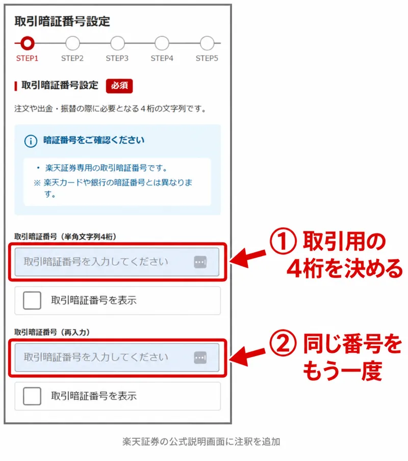 楽天証券の初期設定：取引用の4桁の暗証番号を決めて、同じ番号をもう一度入力する