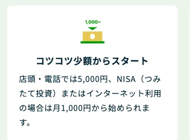 ゆうちょ銀行の公式ページ：店頭・電話では5,000円、NISA（つみたて投資）またはインターネット利用の場合は月1,000円から始められます