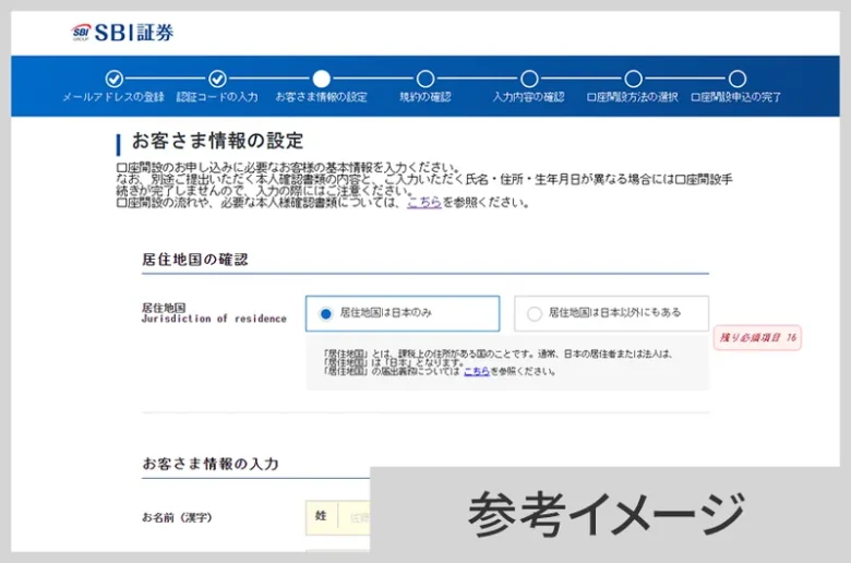 お客さま情報の設定画面。上部に、メールアドレスの登録から口座開設申込の完了までの進み具合が表示されている